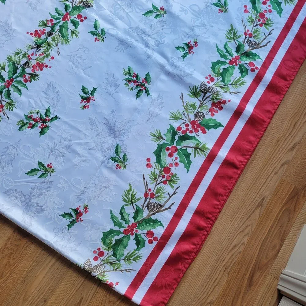 Vintage Christmas Tablecloth Holly Berry Red Border Stripe Print White Rectangle
